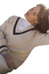 Ribbed Knit V-Neck Oversized Pullover Varsity Sweater - Black & White