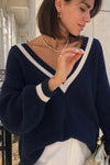 Ribbed Knit V-Neck Oversized Pullover Varsity Sweater - Navy & White