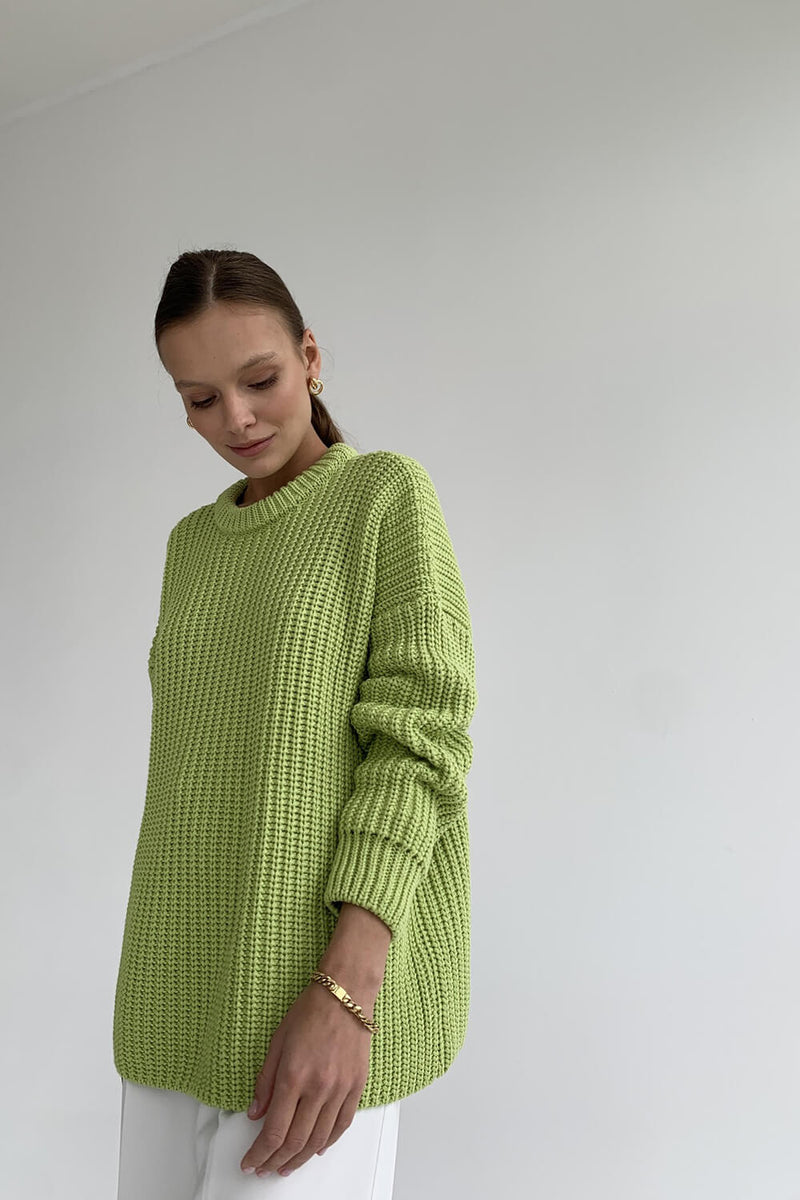 Crew Neck Chunky Ribbed Knit Pullover Sweater