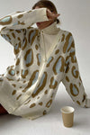 Leopard Pattern Button Up V Neck Knit Cardigan - Light Blue & Brown