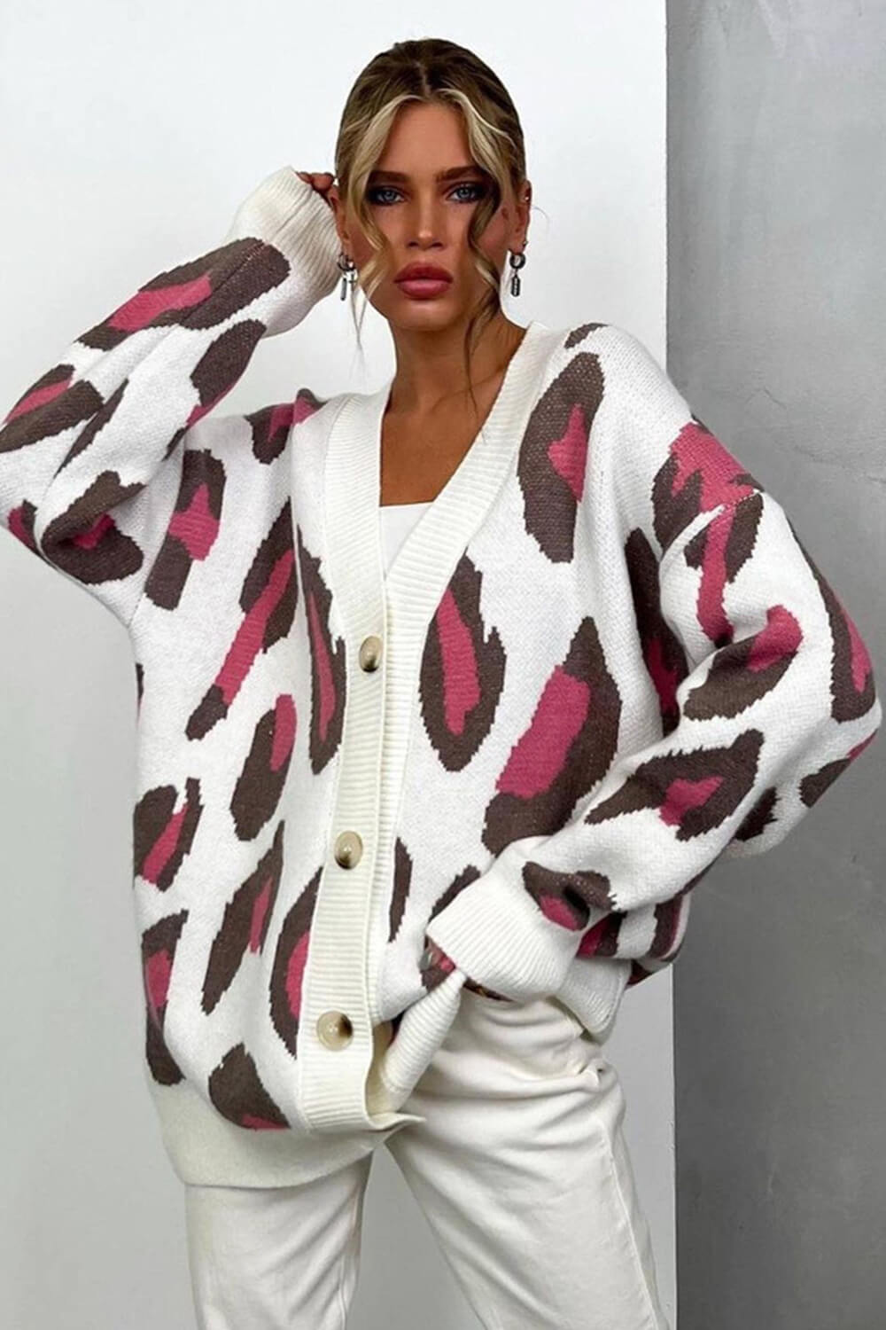 Leopard Pattern Button Up V Neck Knit Cardigan - Hot Pink & Chocolate