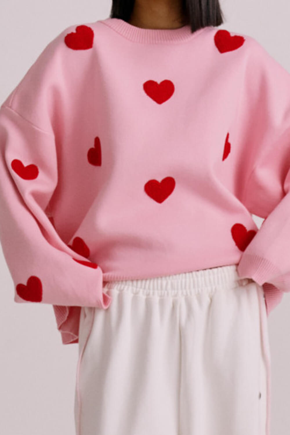 Heart Pattern Crew Neck Knit Jumper - Pink & Red