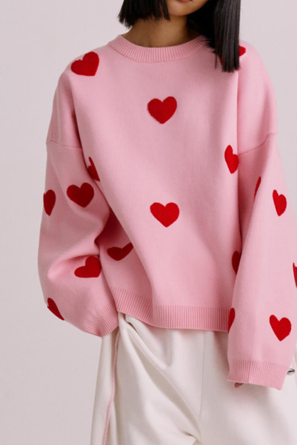 Heart Pattern Crew Neck Knit Jumper - Pink & Red