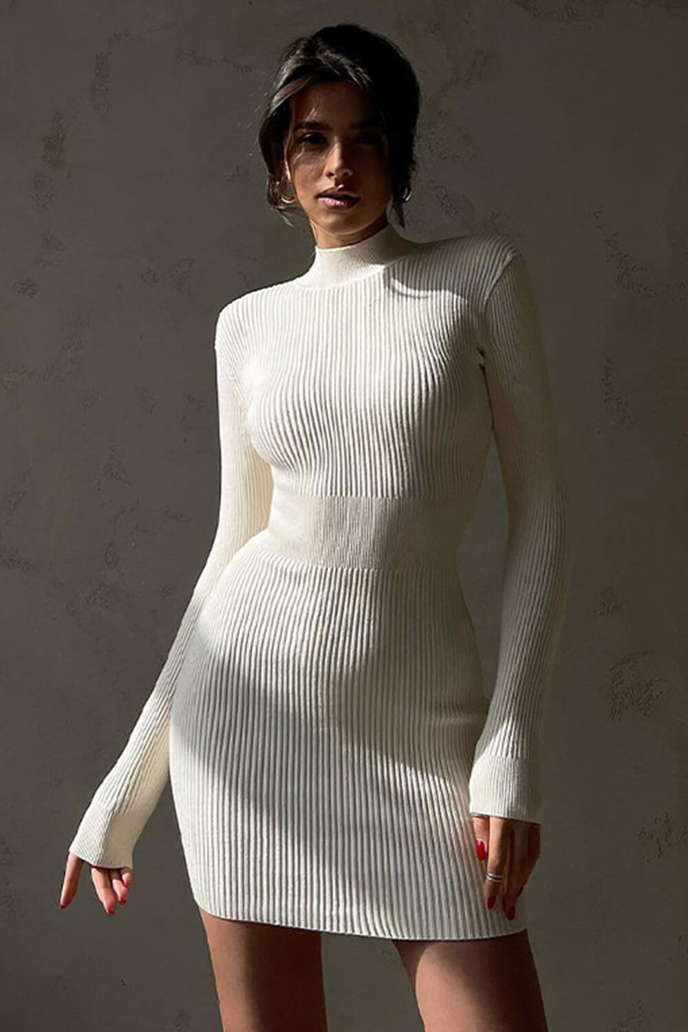 High Neck Long Sleeves Rib Knit Mini Sweater Dress