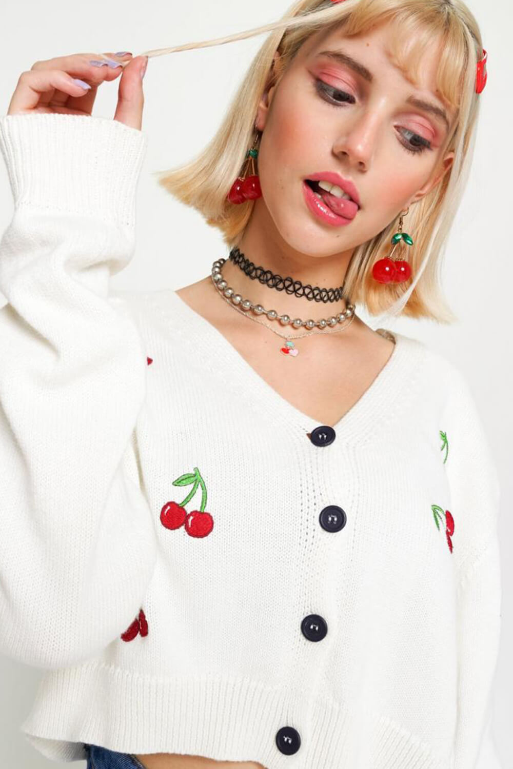 Cherry Print Button Up V Neck Cropped Knit Cardigan