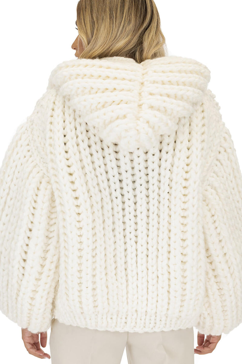 Balloon Sleeve Open Front Hooded Chunky Knit Cardigan