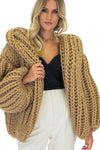 Balloon Sleeve Open Front Hooded Chunky Knit Cardigan