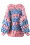 Two-Tone Balloon Sleeve Open Front Gauge Knit Cardigan - Pink & Blue