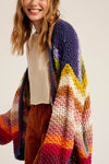 Multicolor Striped Balloon Sleeve Open Front Gauge Knit Cardigan
