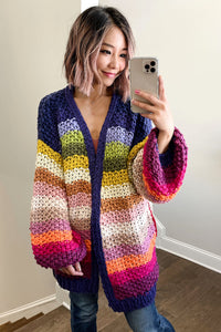Multicolor Striped Balloon Sleeve Open Front Gauge Knit Cardigan
