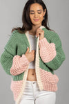 Balloon Sleeve Open Front Pouch-Pocket Chunky Knit Cardigan