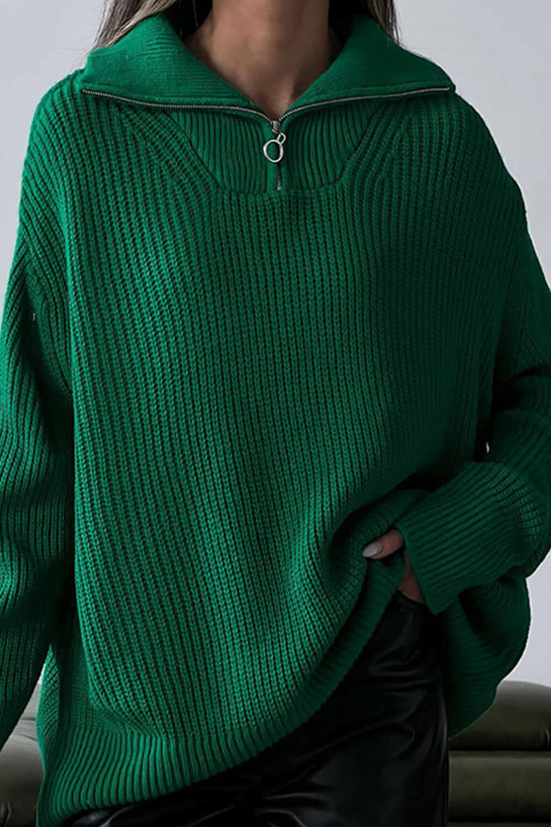 Collared Half Zip Neck Rib Knit Sweater - Seashell/Dodgerblue/Green