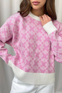 Argyle Patterned Crew Neck Cropped Knit Sweater