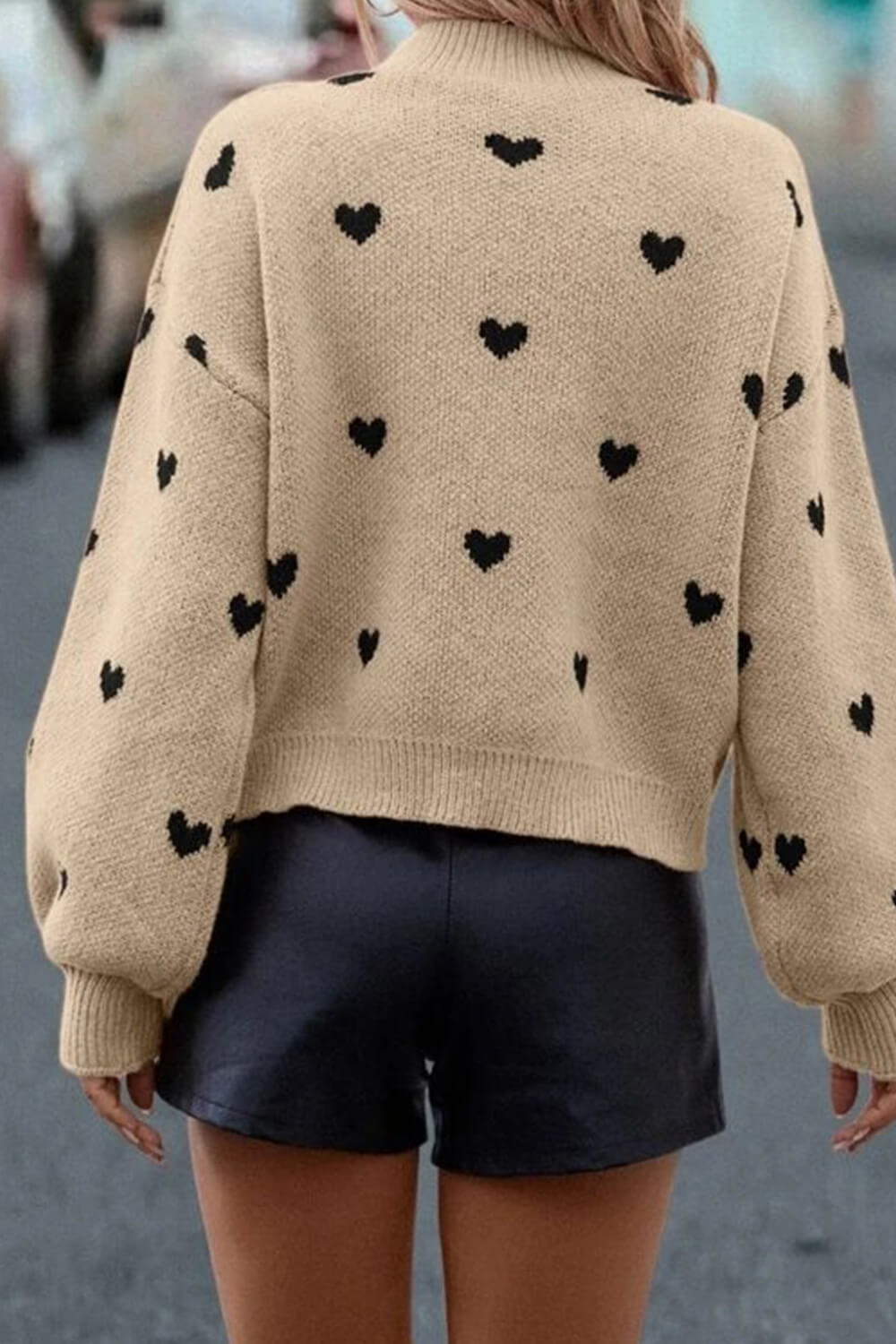 Heart Pattern Crew Neck Cropped Knit Sweater - Moccasin & Black