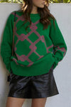 Patterned Crew Neck Knit Sweater - Gainsboro & Green