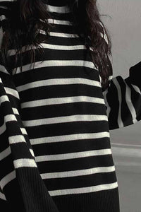 Striped Turtleneck Split-Hem Rib Knit Jumper Sweater - Black & White
