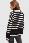 Striped Turtleneck Split-Hem Rib Knit Jumper Sweater - Black & White