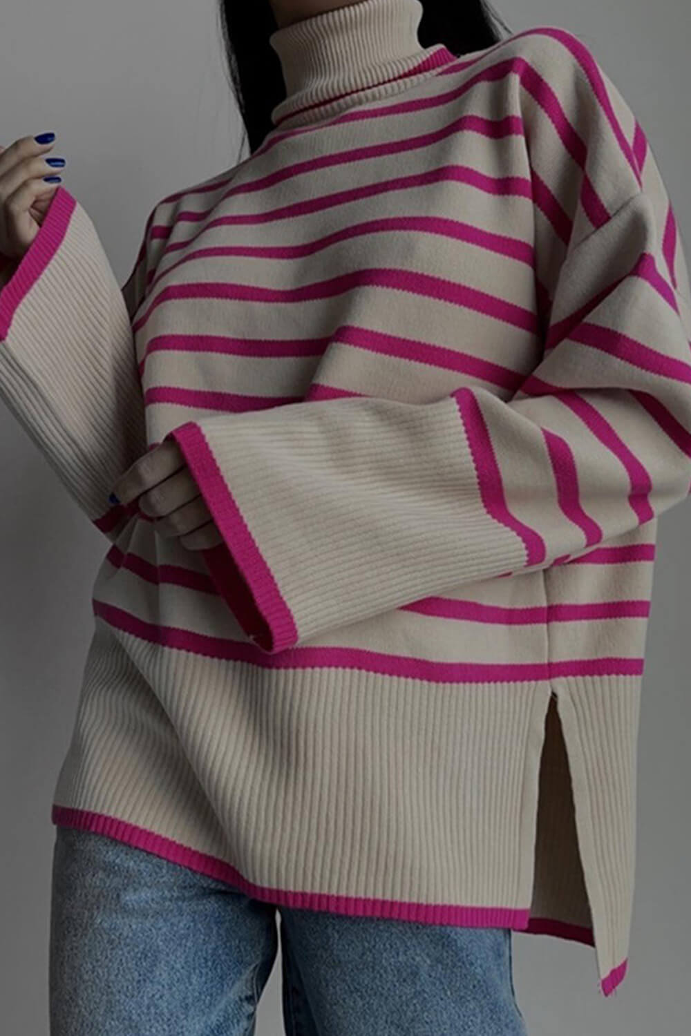 Striped Turtleneck Split-Hem Rib Knit Jumper Sweater - Hot Pink & White