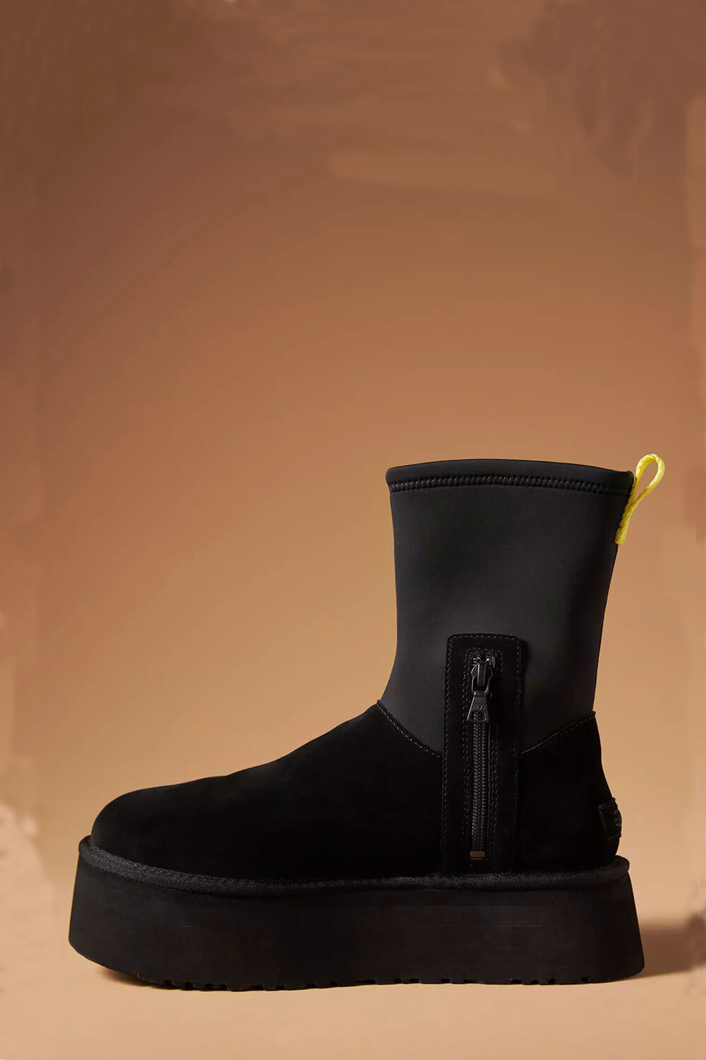 Faux  Suede Stretch Zipper Flatform Ankle Boots - Black