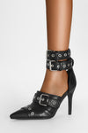Multi Buckle Pointed Toe Ankle Stiletto Heel Boots - Black