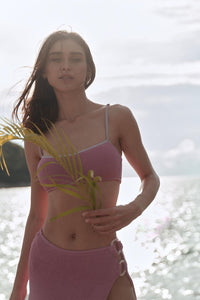 Crinkle Bandeau Bikini Set With Double O-Ring Side Split Beach Skirt - Lightcoral