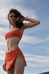 Crinkle Bandeau Bikini Set With Double O-Ring Side Split Beach Skirt - Orange