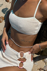 Crinkle Bandeau Bikini Set With Double O-Ring Side Split Beach Skirt - Beige
