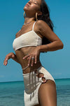 Crinkle Bandeau Bikini Set With Double O-Ring Side Split Beach Skirt - Beige