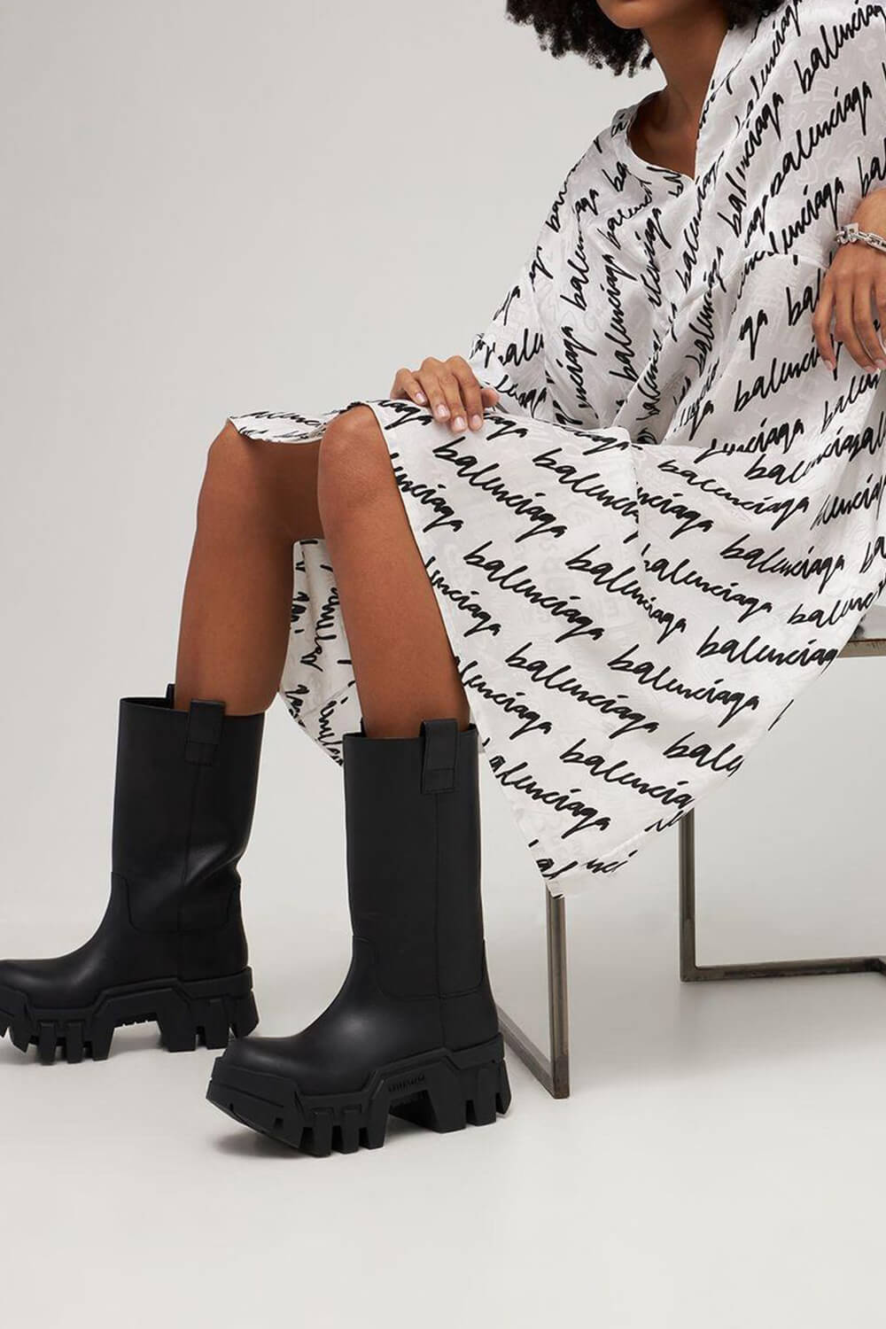 mid calf dress boots Leather Chunky Platform Mid-Calf Boots