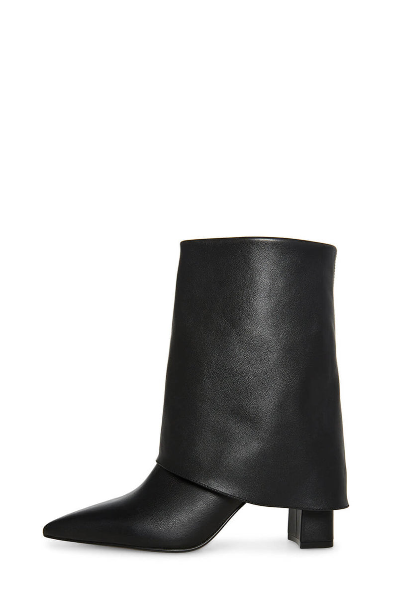 Faux Leather Point Toe Block Heel Fold Over Ankle Boots - Black