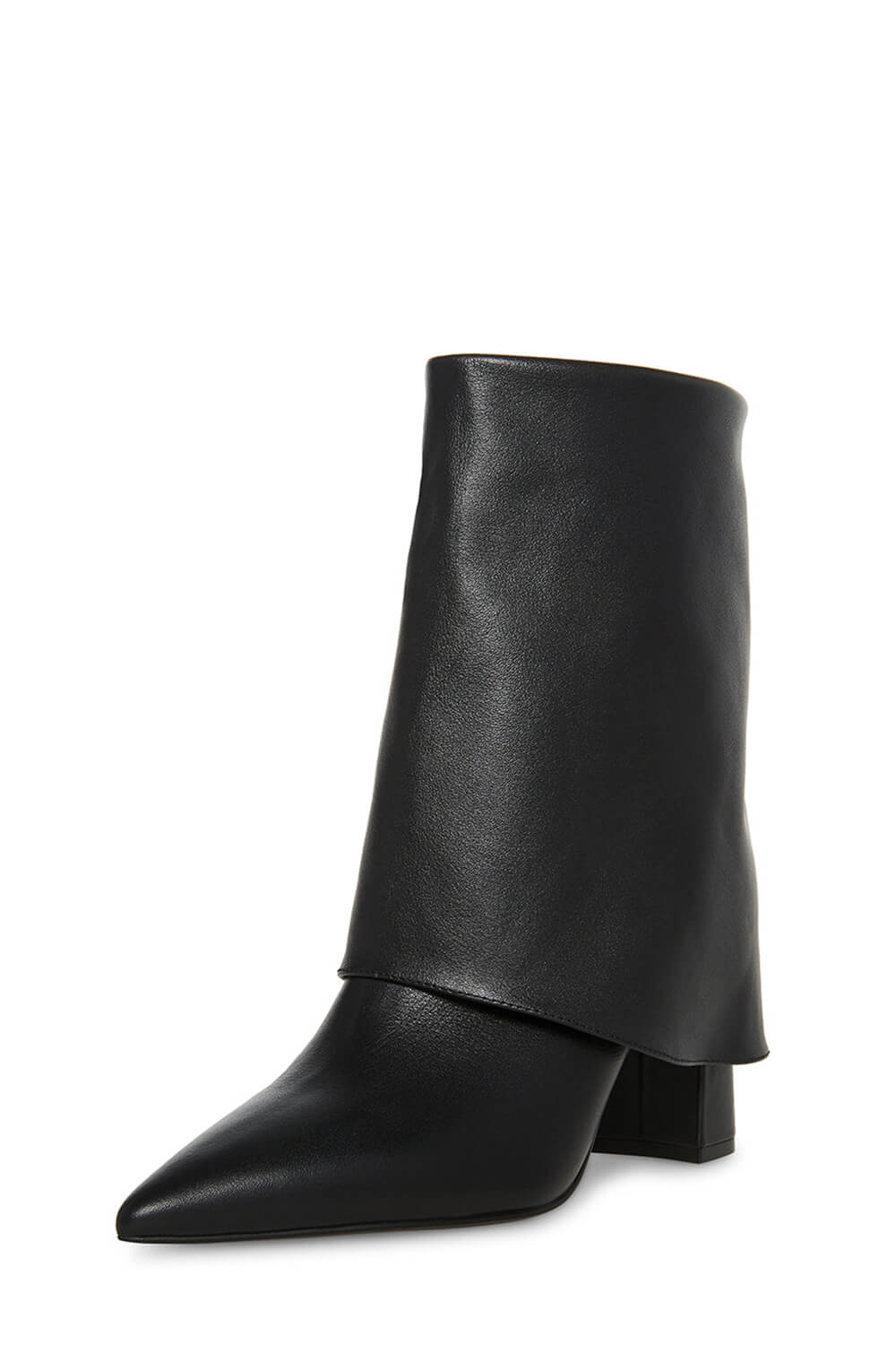 Faux Leather Point Toe Block Heel Fold Over Ankle Boots - Black