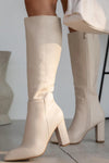 Faux Leather Point Toe Block Heel Knee High Boots - White