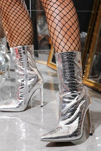 Metallic Pointed Toe Croc Stiletto Heeled Ankle Boots - Silver
