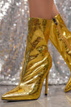 Metallic Pointed Toe Croc Stiletto Heeled Ankle Boots - Gold