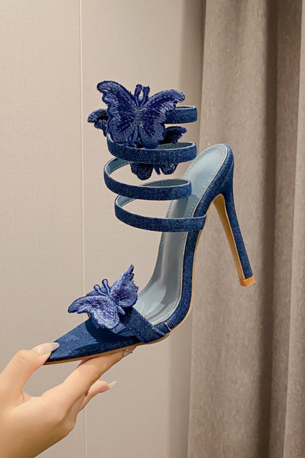 3D Butterfly Embellished Around The Ankle Coil Stiletto Heels - Blue Denim