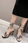 Crystal-Embellished Butterfly Snake Ankle Wrap Stiletto Sandals - Black