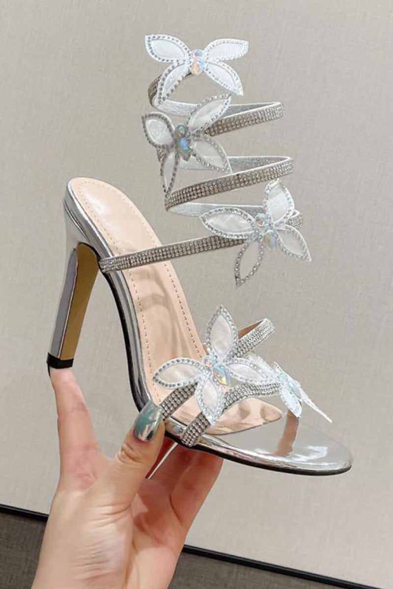 Crystal-Embellished Butterfly Snake Ankle Wrap Stiletto Sandals - Silver