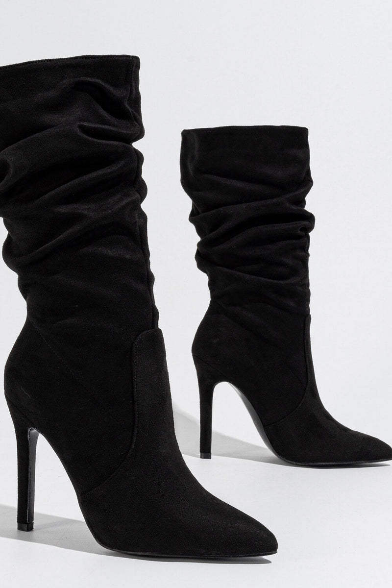 Faux Suede Pointed Toe Knee High Ruched Mid Heeled Boots - Black