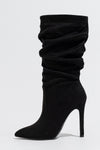 Faux Suede Pointed Toe Knee High Ruched Mid Heeled Boots - Black