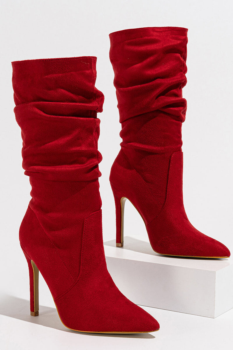 Faux Suede Pointed Toe Knee High Ruched Mid Heeled Boots - Red