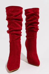 Faux Suede Pointed Toe Knee High Ruched Mid Heeled Boots - Red
