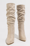 Faux Suede Pointed Toe Knee High Ruched Mid Heeled Boots - Nude