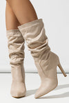 Faux Suede Pointed Toe Knee High Ruched Mid Heeled Boots - Nude
