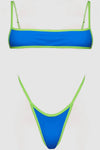 Contrast Trim Cami High-Leg Brazilian Bikini Set - Blue & Neon Green