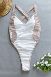 Color Block V Neck High-Cut One Piece Swimsuit - White & Nude