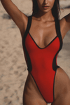 Color Block V Neck High-Cut One Piece Swimsuit - Black & Red