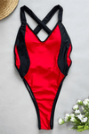 Color Block V Neck High-Cut One Piece Swimsuit - Black & Red