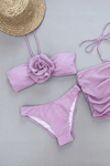 Crocheted Knit Bandeau Halter Bikini Set With Ruched Floral Mini Skirt - Lilac