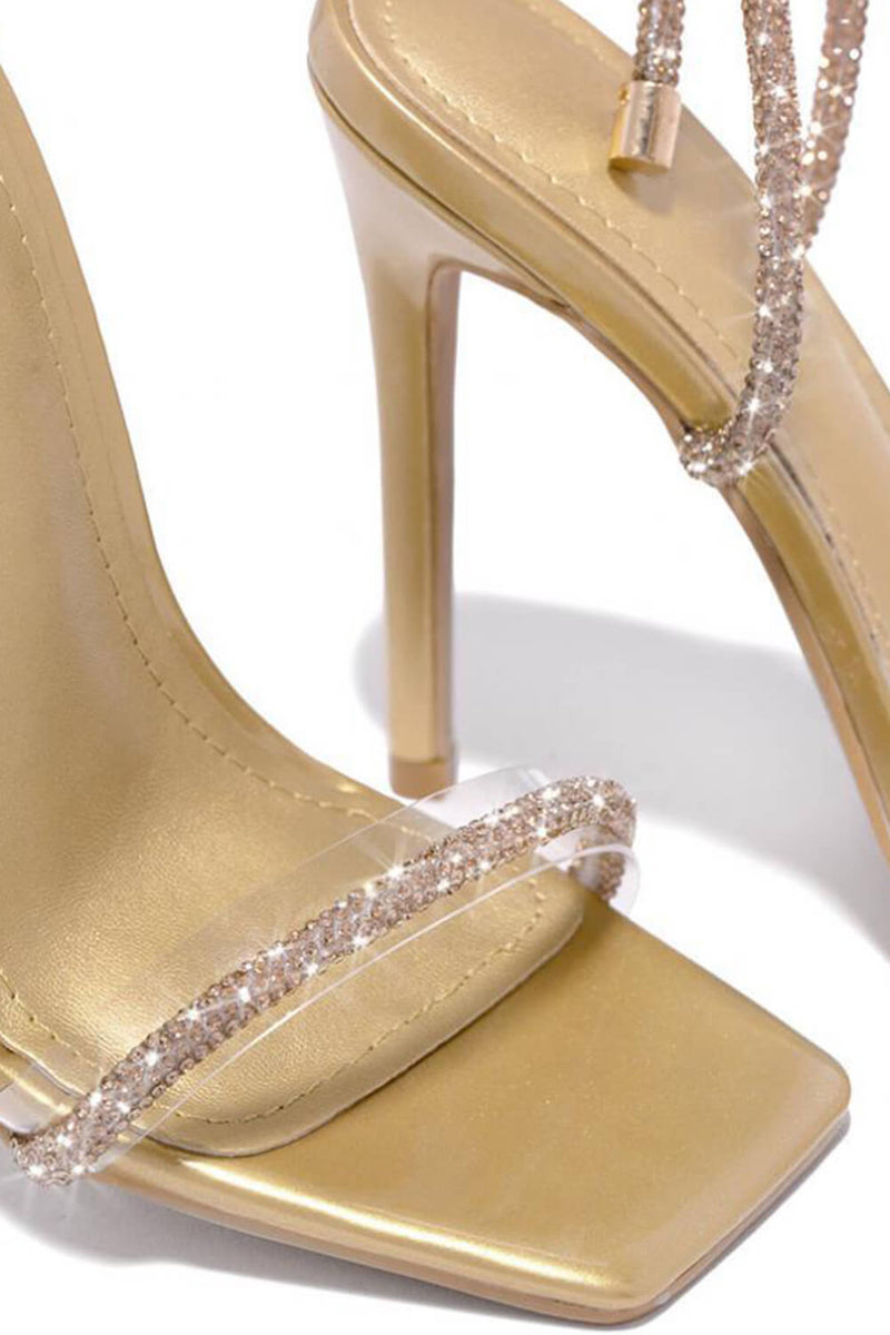 Diamante Embellished Lace Up Square Toe High Heels - Gold