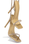 Diamante Embellished Lace Up Square Toe High Heels - Gold